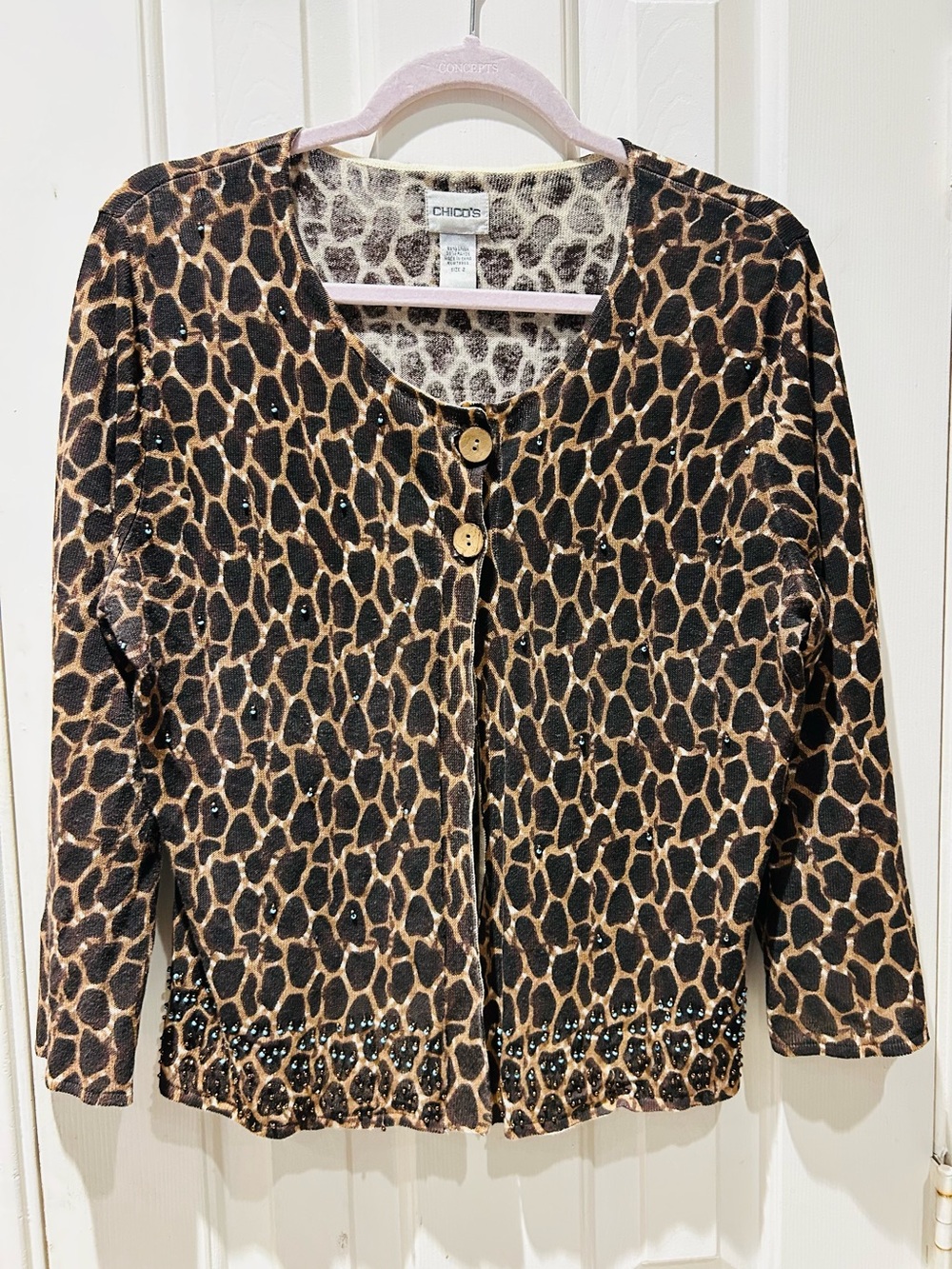 Chico's Leopard-Print Embellished Button Jacket in Brown and Black
